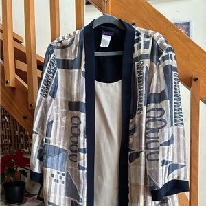Geometric Patterned 2in 1 Tank Jacket 18W Navy and Cream